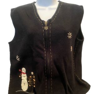 Woolrich Sweater Vest Women's Size L Black Full Zip Embroidered Snowman Flake